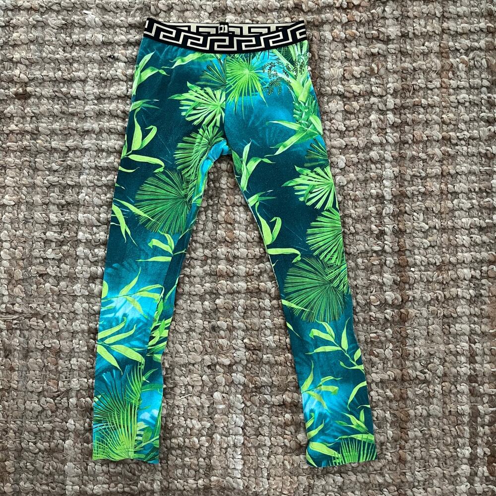 Versace Kids Tropical Jungle Print Greca Leggings Green Blue Youth S 6-7